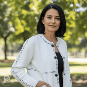 Casaco Feminino Branco com Bordado Contrastante e Botões – Modelo Ariella