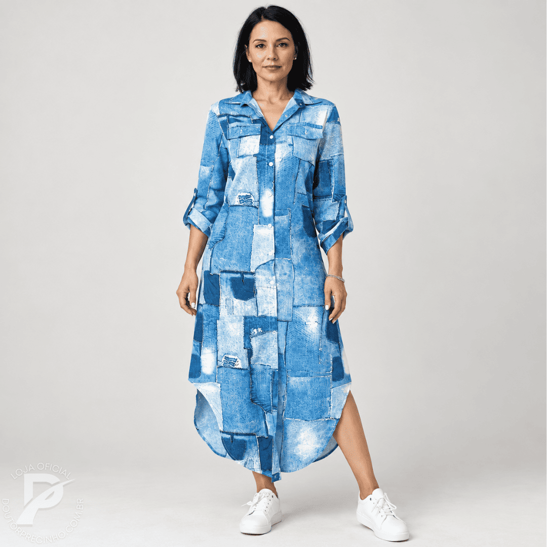 Vestido Longo Luellen - Estampa Jeans Patch e Fenda Lateral