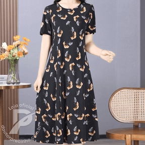 Vestido Feminino Allegra - Midi com Estampa Elegante e Cinto Ajustável