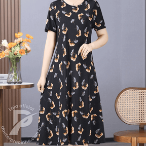 Vestido Feminino Allegra - Midi com Estampa Elegante e Cinto Ajustável