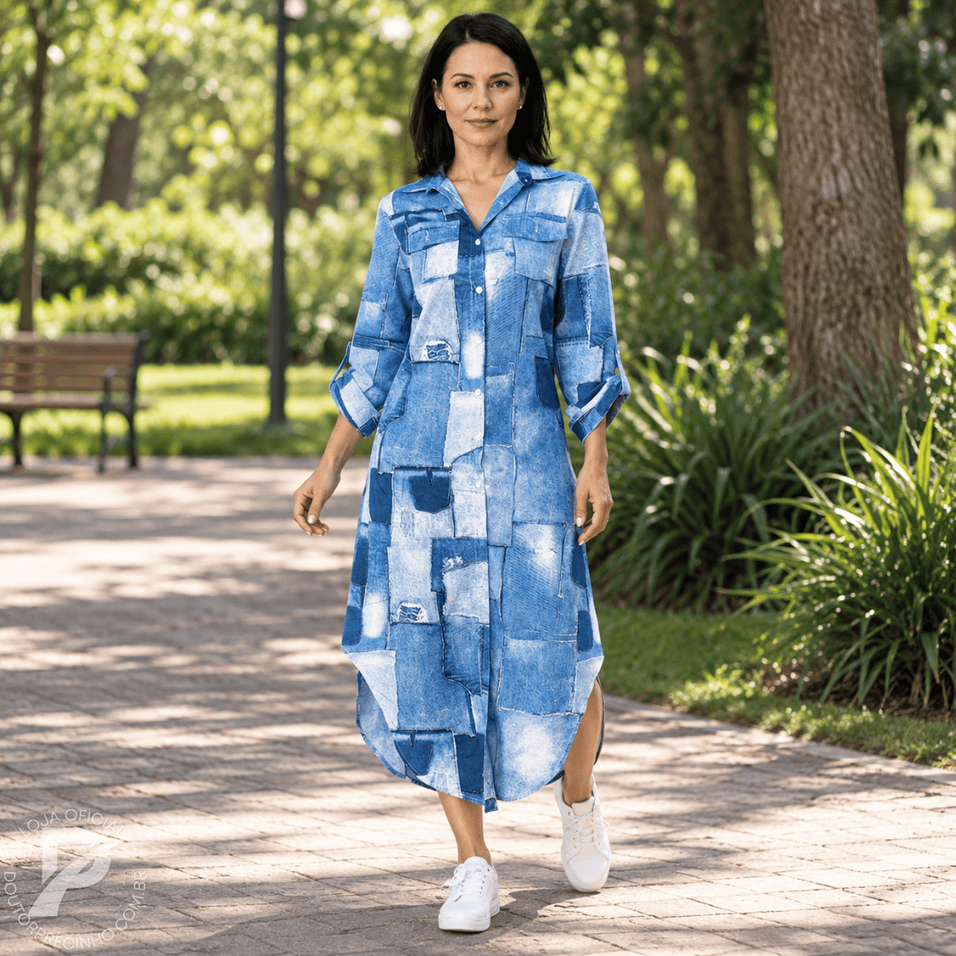 Vestido Longo Luellen - Estampa Jeans Patch e Fenda Lateral