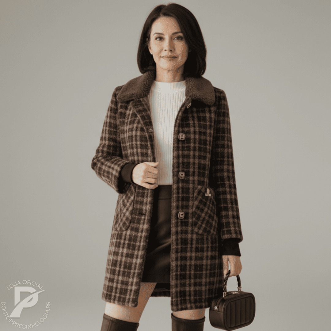 Sobretudo Feminino Xadrez Longo com Forro - Belle | Inverno 2026