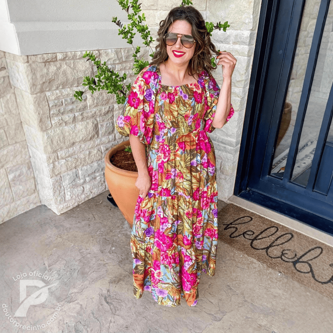 Vestido Amani - Longo Floral com Mangas Bufantes