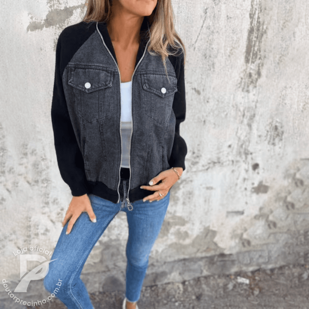 Jaqueta Lunara - Jeans com Mangas de Malha e Zíper Frontal