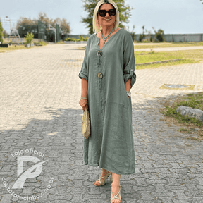 Vestido Feminino Aurora - Modelo Longo com Botões Decorativos e Mangas 3/4