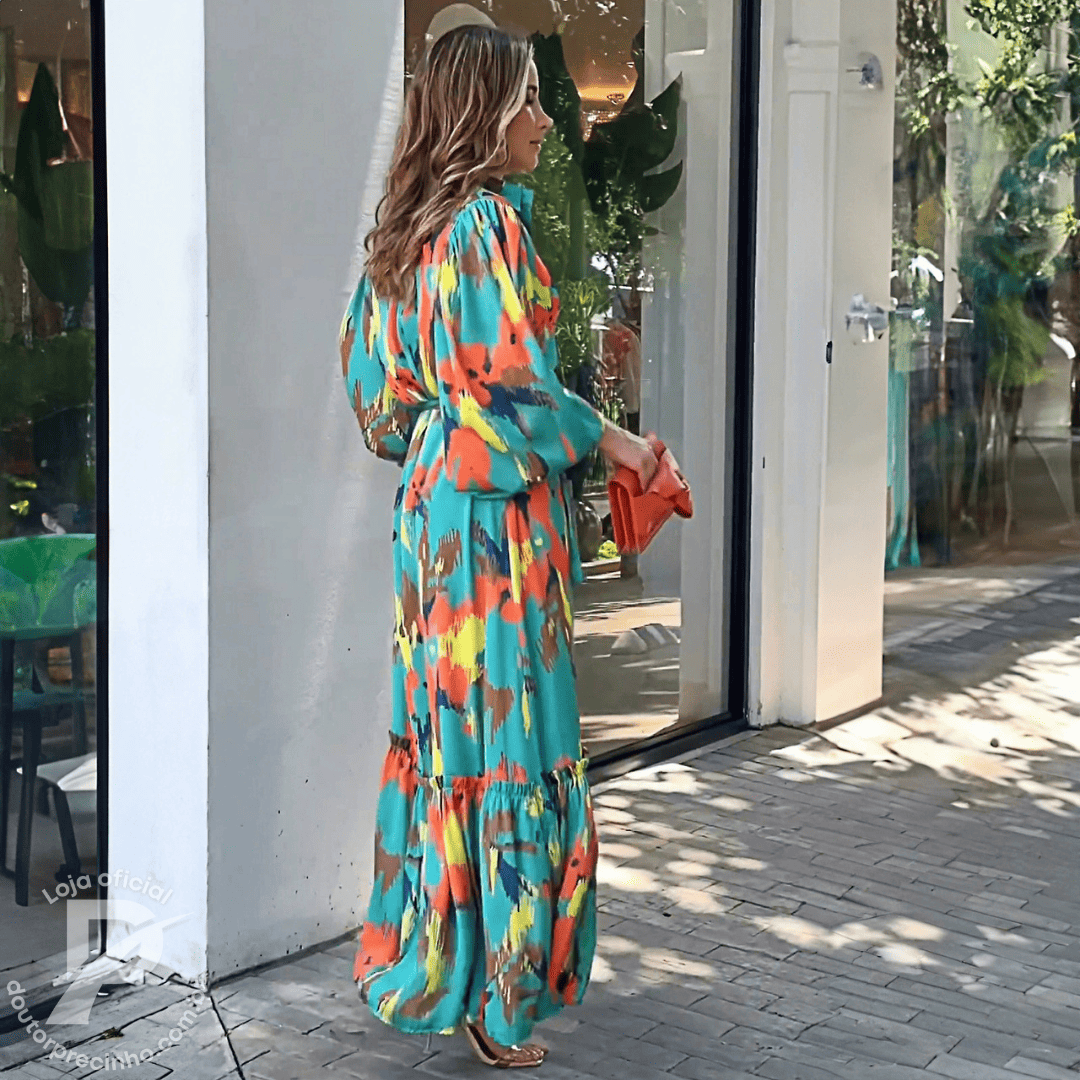 Vestido Longo Armelia - Mangas Amplas e Faixa Ajustável