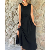 Vestido Longo Feminino Elegante Com Cinto e Fenda - Beatrice