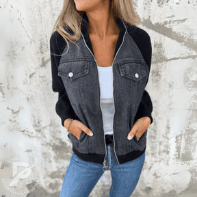 Jaqueta Lunara - Jeans com Mangas de Malha e Zíper Frontal