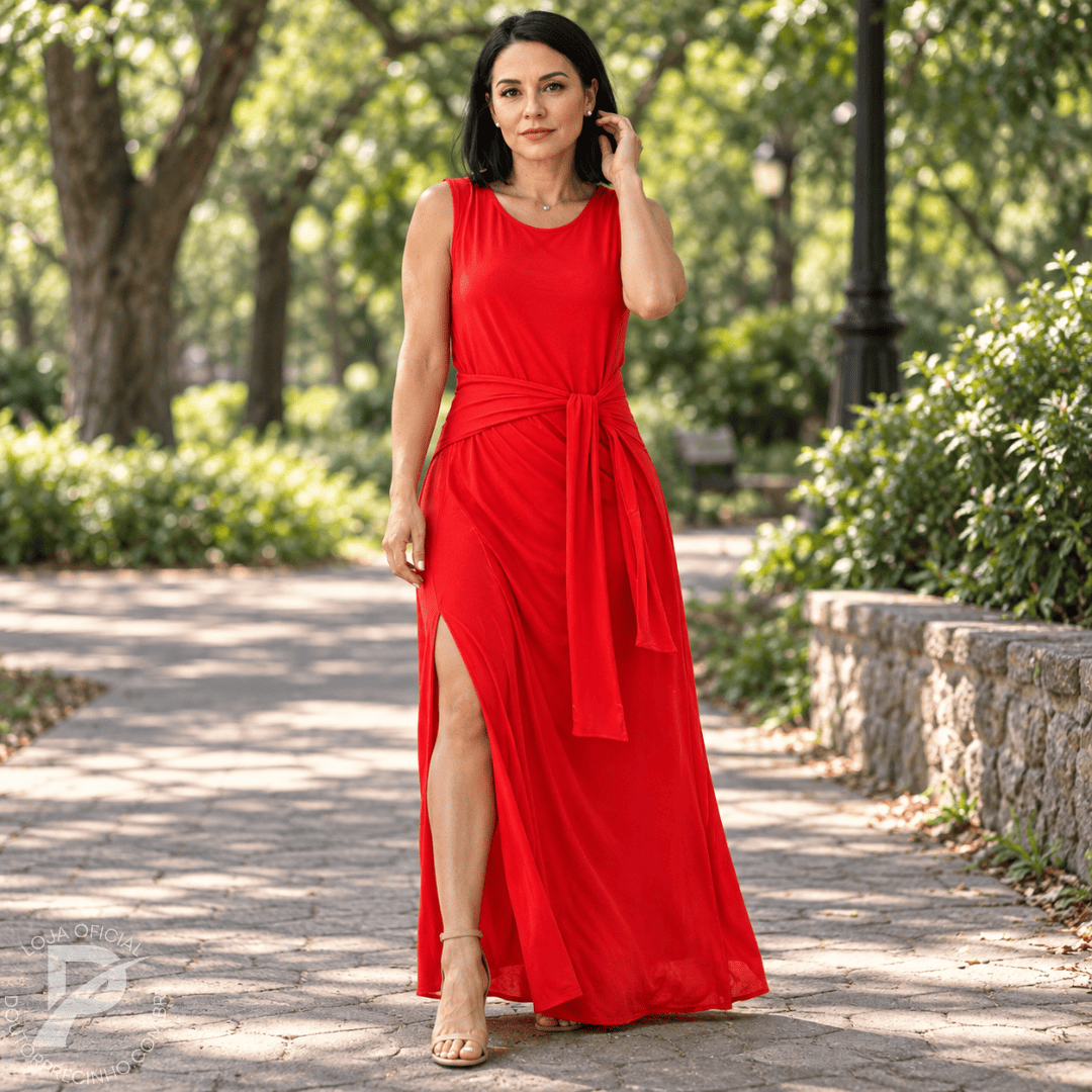 Vestido Longo Feminino Elegante Com Cinto e Fenda - Beatrice