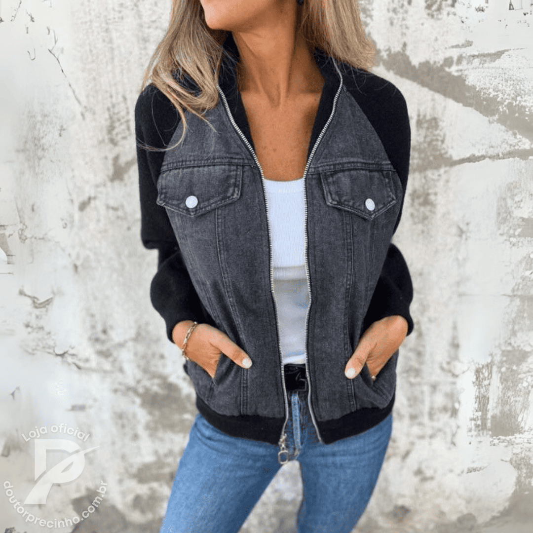 Jaqueta Lunara - Jeans com Mangas de Malha e Zíper Frontal