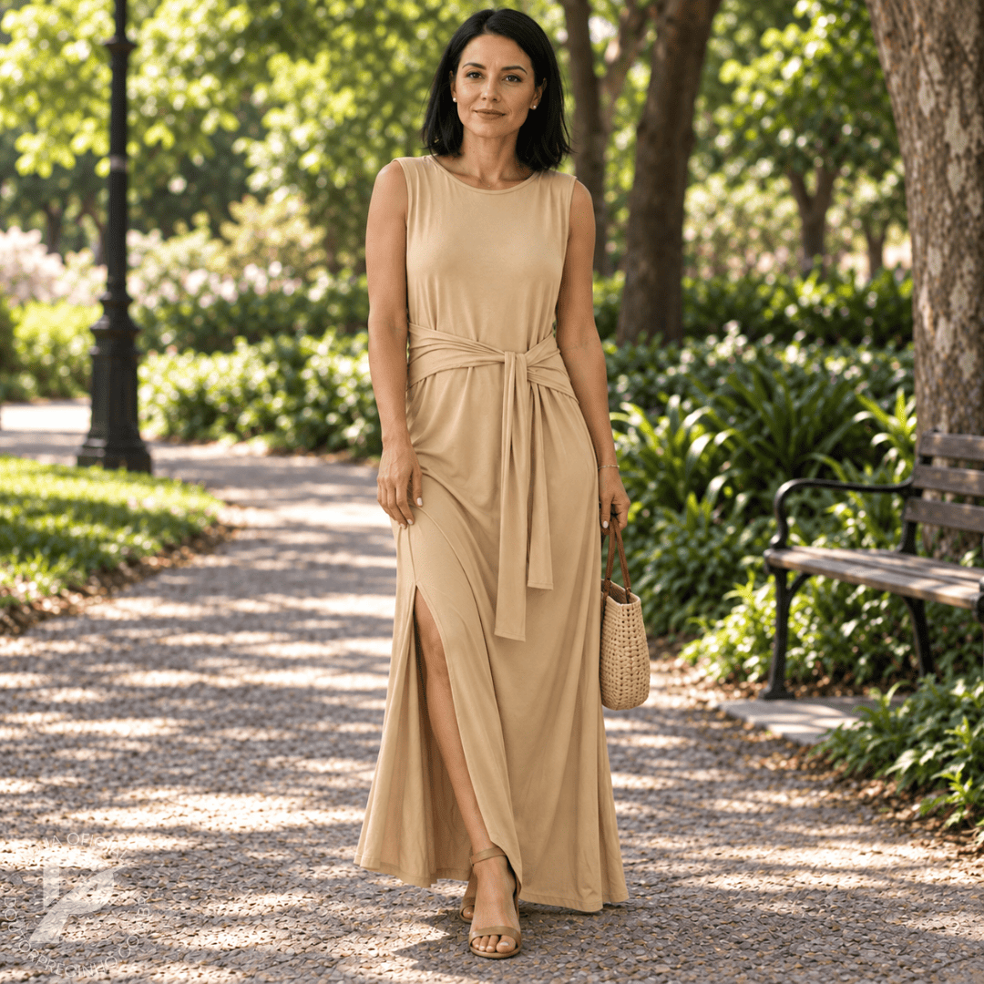 Vestido Longo Feminino Elegante Com Cinto e Fenda - Beatrice