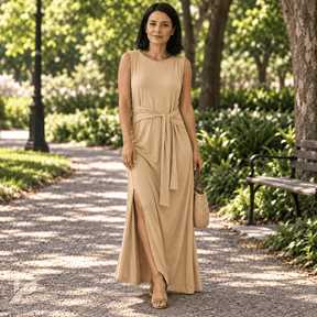 Vestido Longo Feminino Elegante Com Cinto e Fenda - Beatrice