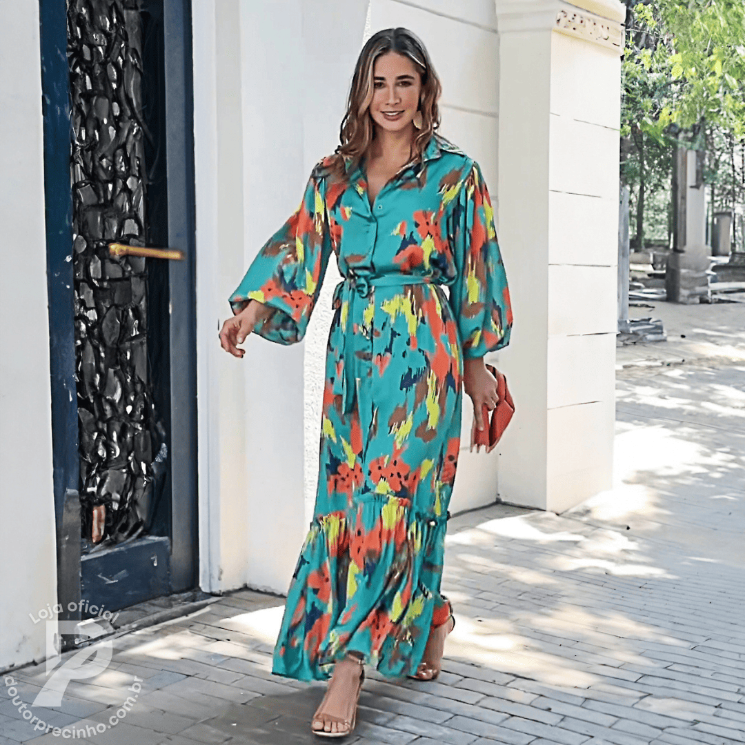 Vestido Longo Armelia - Mangas Amplas e Faixa Ajustável