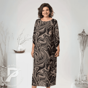 Vestido Feminino Thalita - Corte Midi com Estampa Abstrata e Mangas 3/4