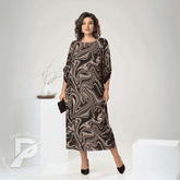 Vestido Feminino Thalita - Corte Midi com Estampa Abstrata e Mangas 3/4