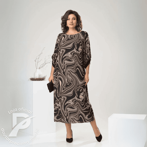 Vestido Feminino Thalita - Corte Midi com Estampa Abstrata e Mangas 3/4