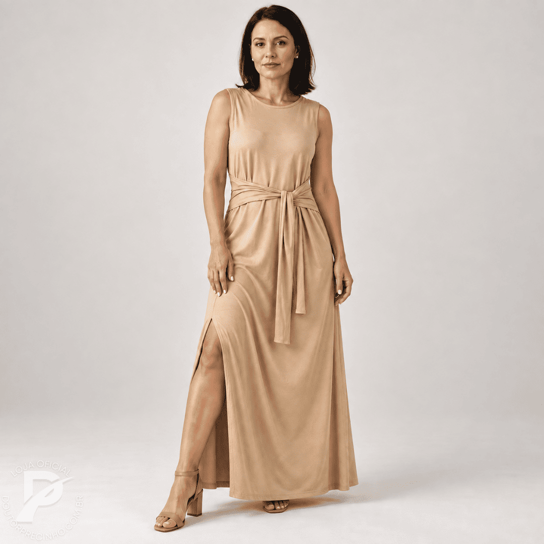 Vestido Longo Feminino Elegante Com Cinto e Fenda - Beatrice