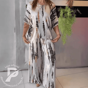 Conjunto Feminino Rafaela - Blusa e Calça Solta com Estampa Moderna e Bolsos
