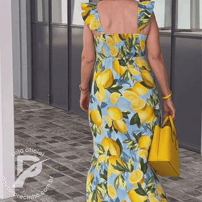 Vestido Feminino Alessia - Estampa Vibrante com Babados e Modelagem Midi