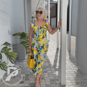 Vestido Feminino Alessia - Estampa Vibrante com Babados e Modelagem Midi