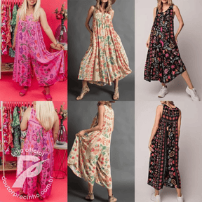 Macacão Feminino Lia - Estampa Floral com Modelagem Ampla e Botões Frontais