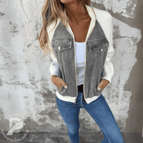 Jaqueta Lunara - Jeans com Mangas de Malha e Zíper Frontal