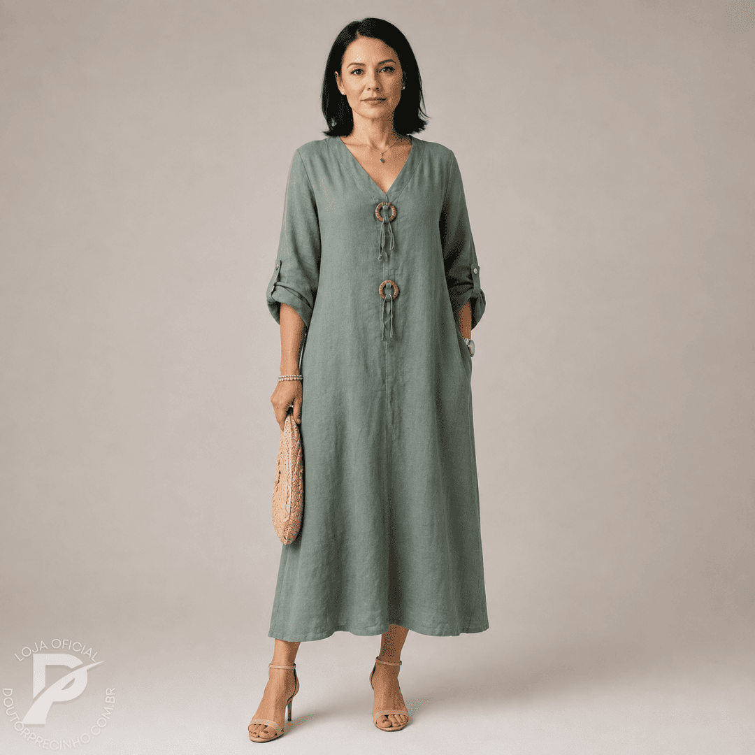 Vestido Feminino Aurora - Modelo Longo com Botões Decorativos e Mangas 3/4