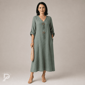 Vestido Feminino Aurora - Modelo Longo com Botões Decorativos e Mangas 3/4
