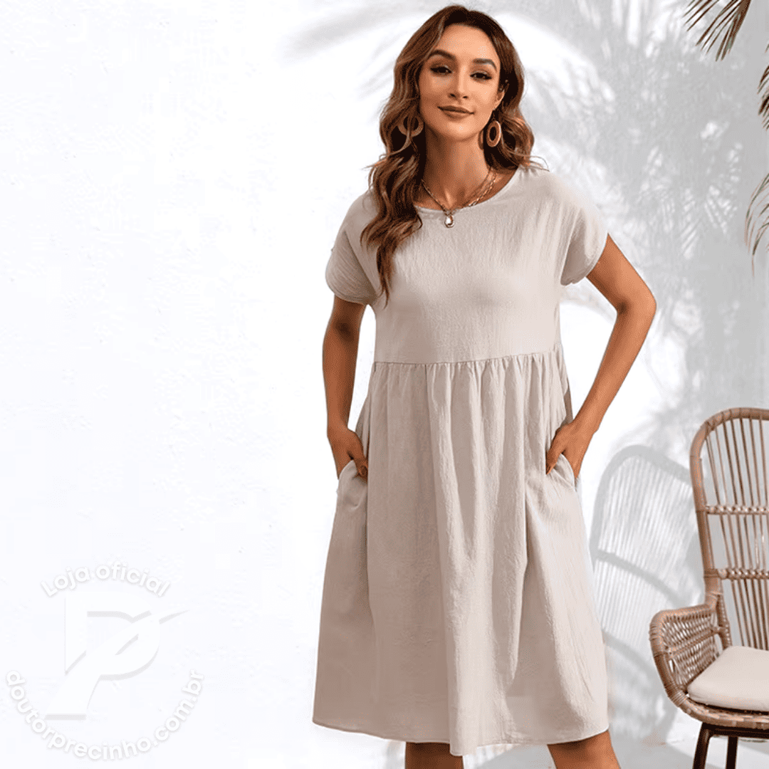 Vestido Feminino Celine - Modelagem Solta com Mangas Curtas e Cintura Ajustada