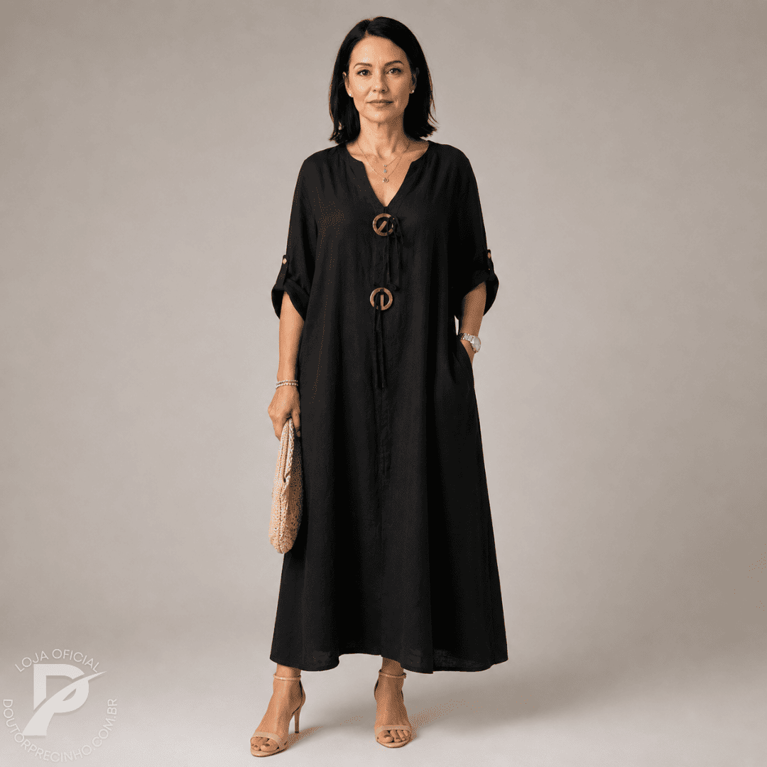 Vestido Feminino Aurora - Modelo Longo com Botões Decorativos e Mangas 3/4