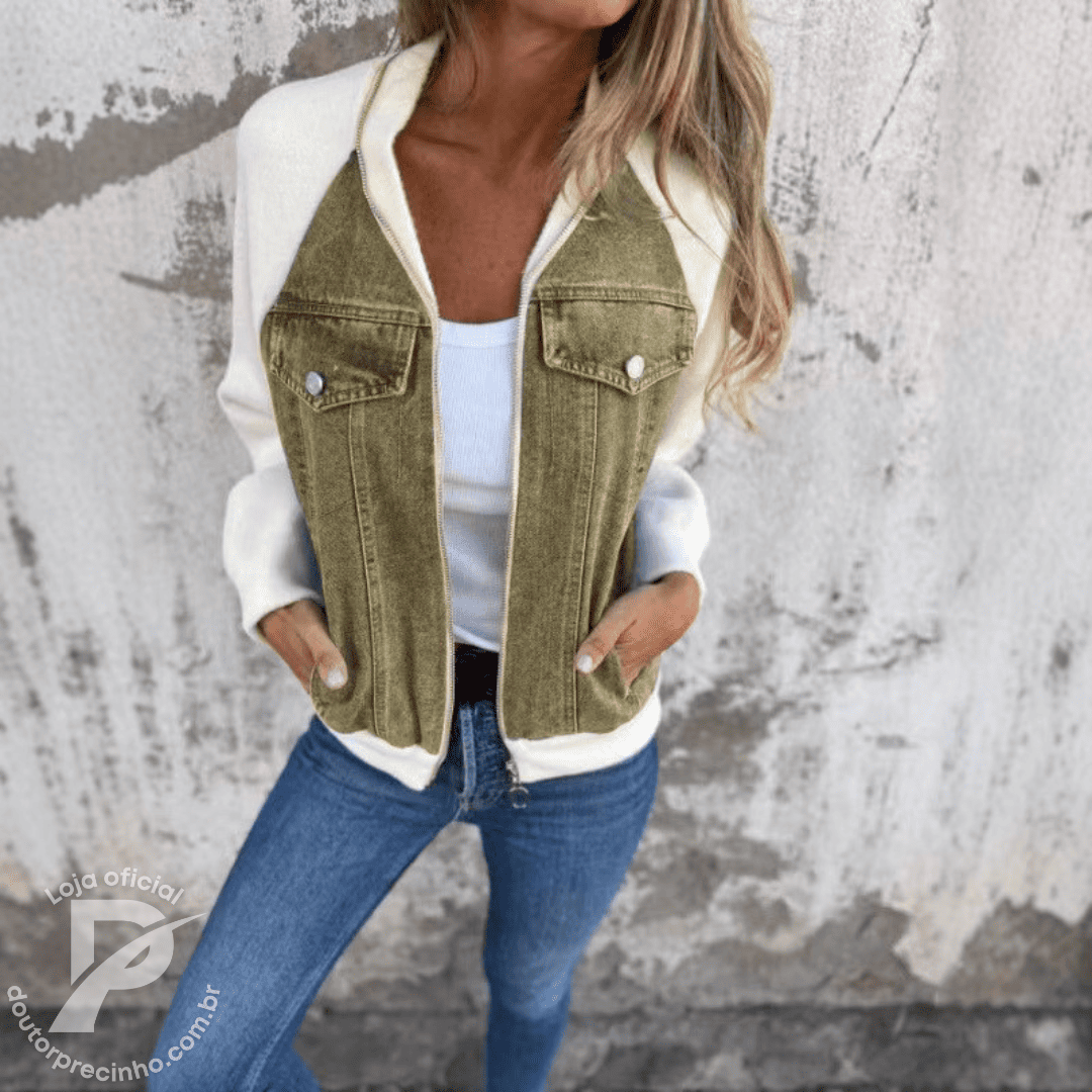 Jaqueta Lunara - Jeans com Mangas de Malha e Zíper Frontal