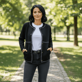 Casaco Feminino Branco com Bordado Contrastante e Botões – Modelo Ariella