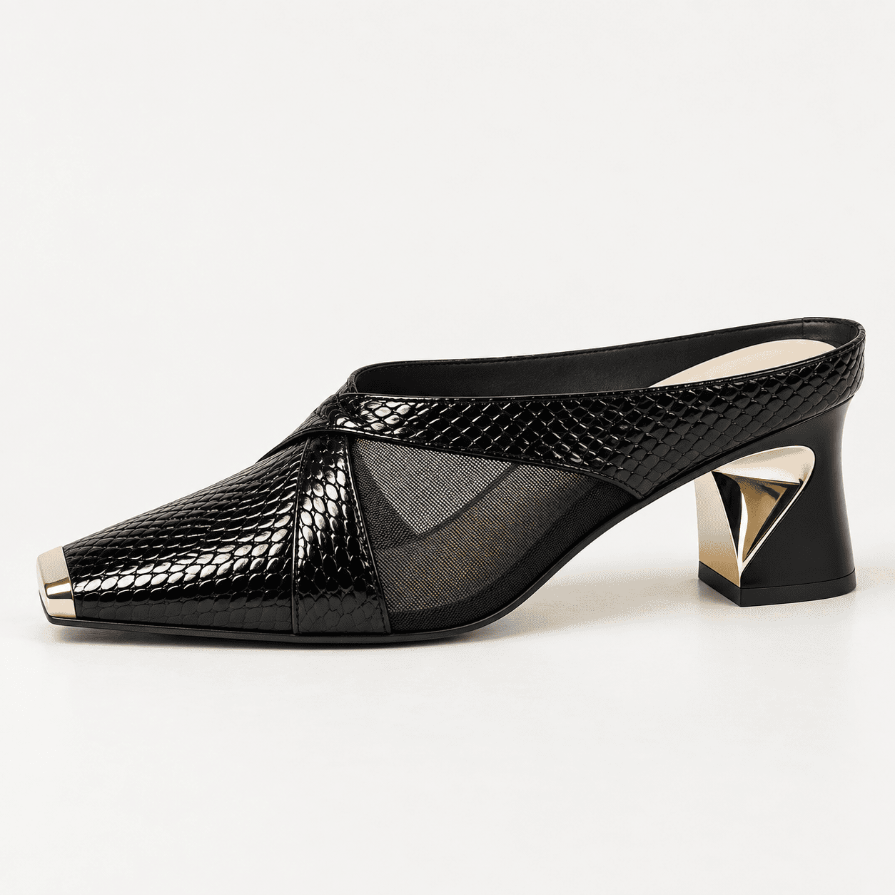 Mule Feminino Antonella com Salto Grosso e Ponteira Dourada