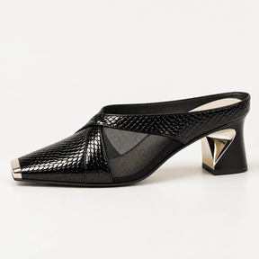 Mule Feminino Antonella com Salto Grosso e Ponteira Dourada