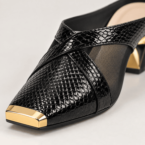 Mule Feminino Antonella com Salto Grosso e Ponteira Dourada