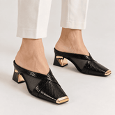 Mule Feminino Antonella com Salto Grosso e Ponteira Dourada