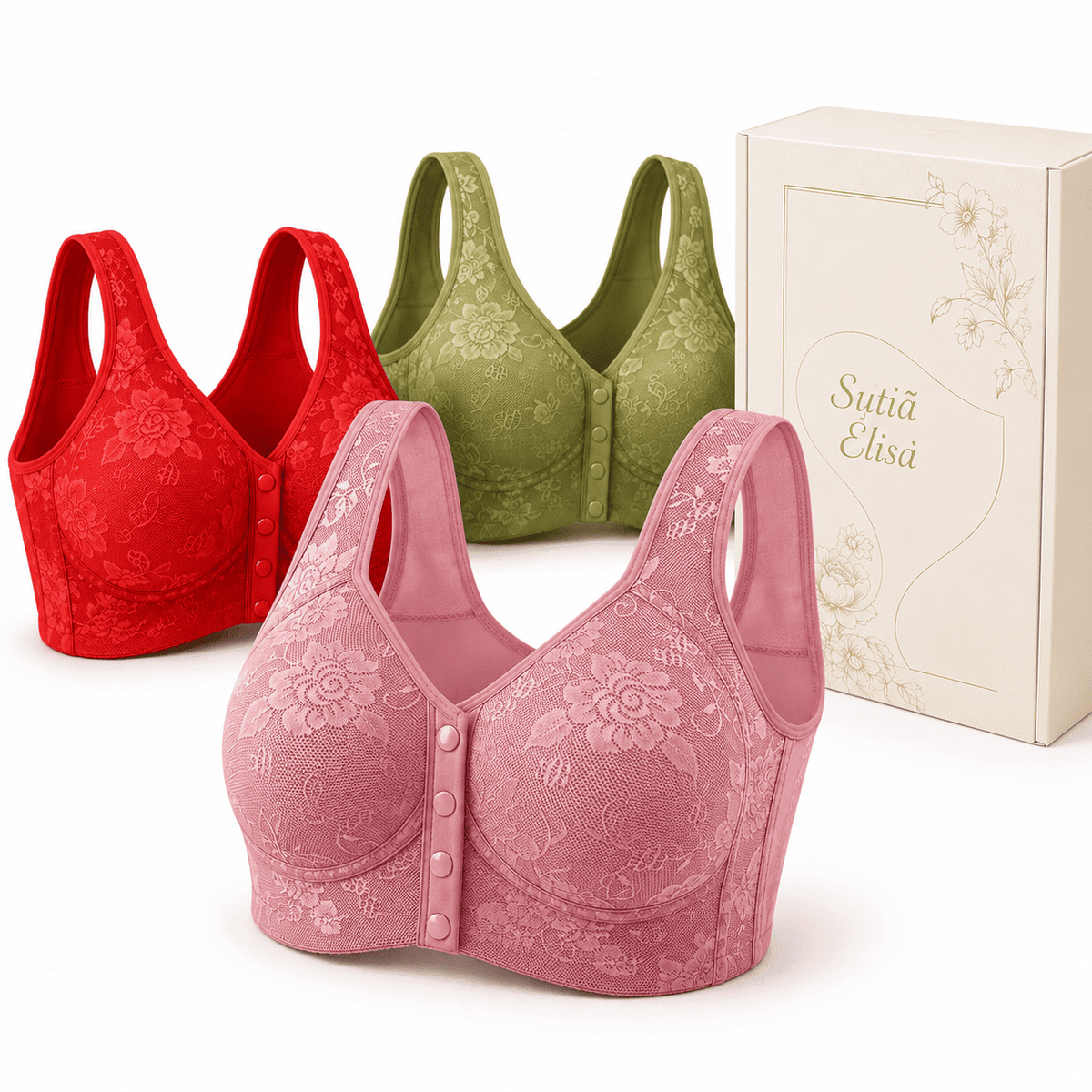 [Kit 2 peças] Sutiã Elisa - Alta Sustentação com Renda Floral e Fecho Frontal Prático