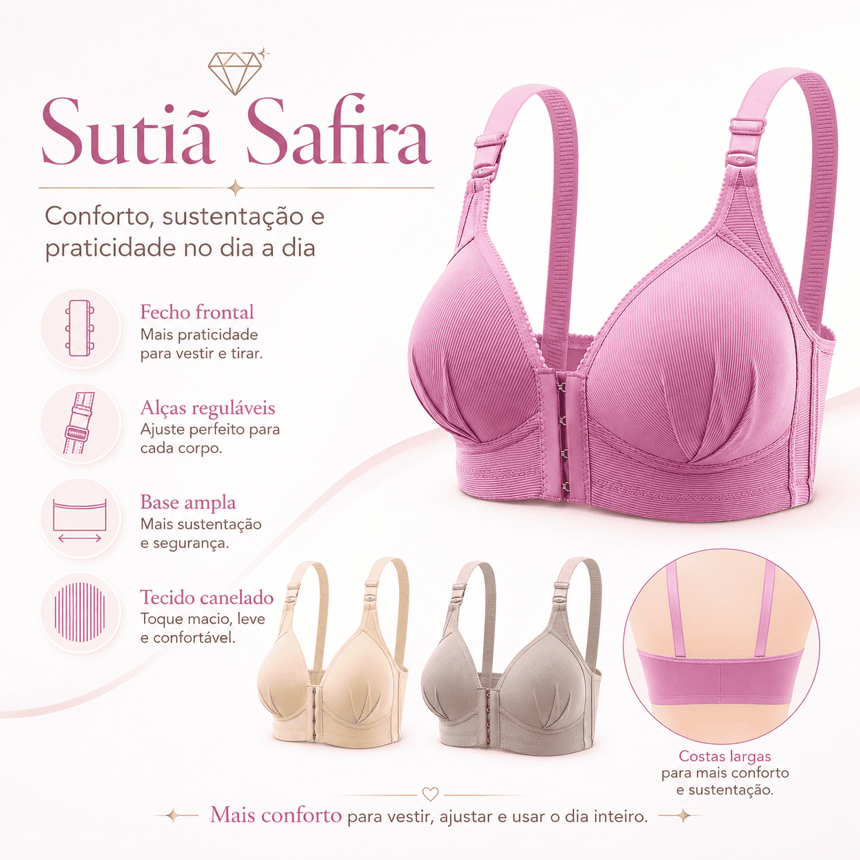 Sutiã Safira - Fecho frontal e alças reguláveis