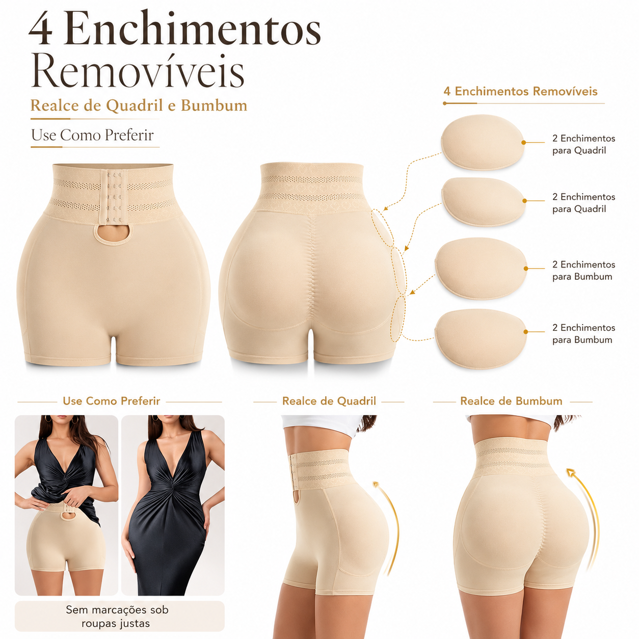 Quatro enchimentos removíveis da Modeladora Mandy para realce de quadril e bumbum