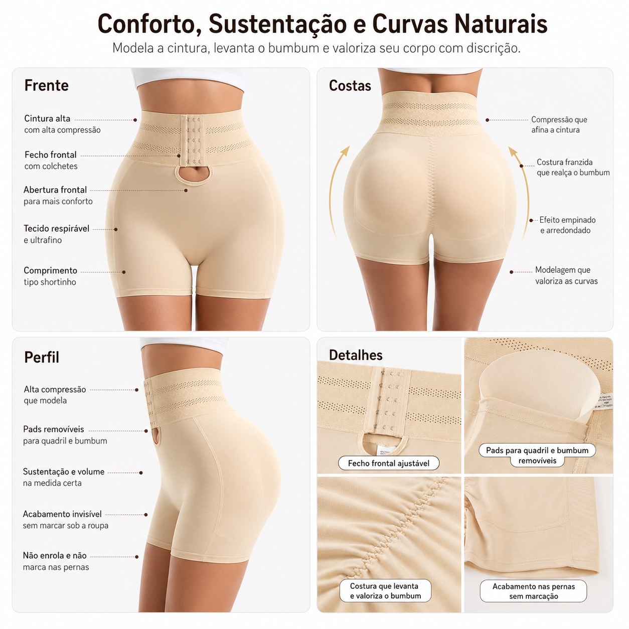 Vistas frontal, traseira e lateral da Modeladora Mandy com detalhes do produto