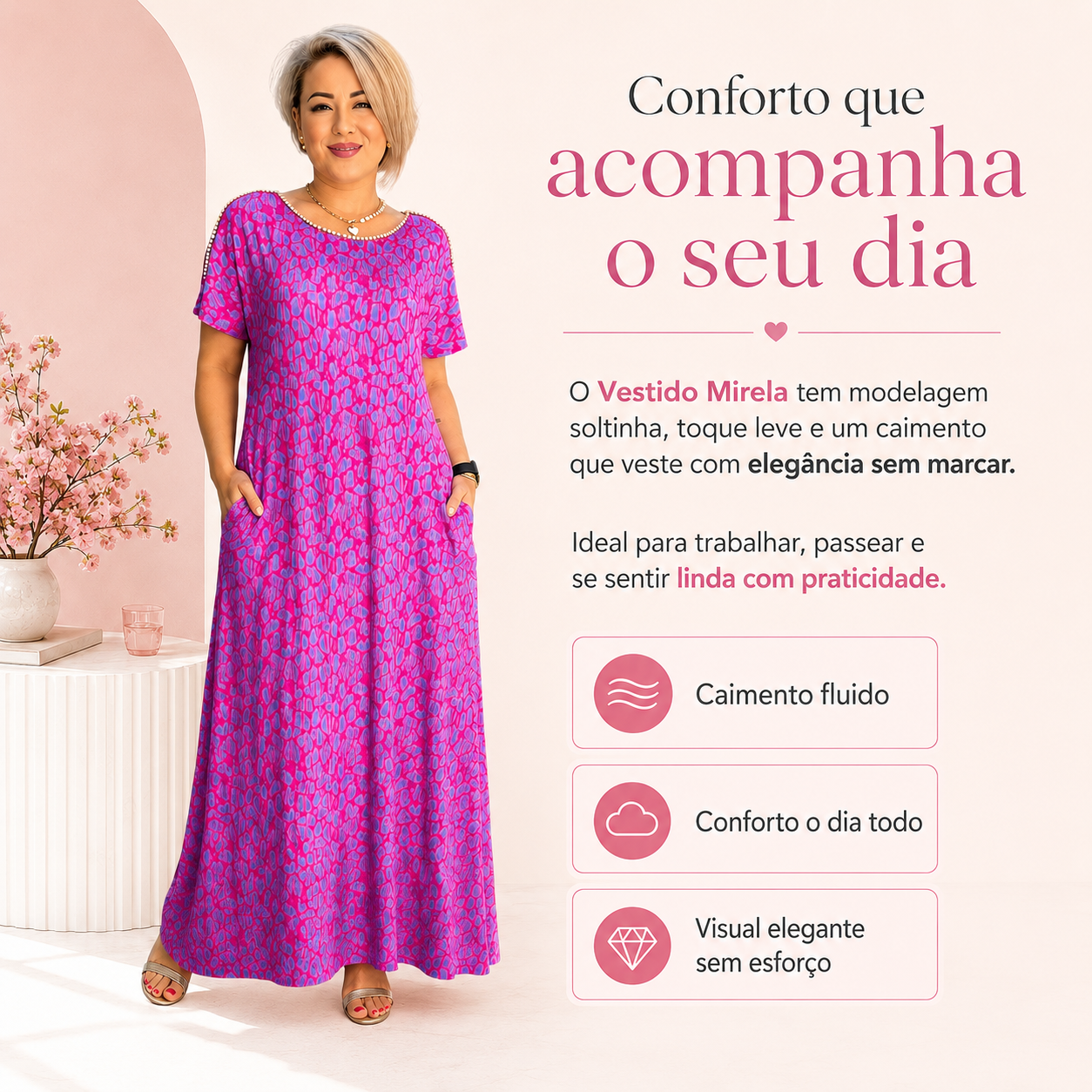 Benefícios do Vestido Mirela rosa com caimento fluido e conforto