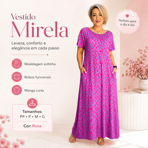 Vestido Mirela rosa longo com modelagem soltinha e bolsos