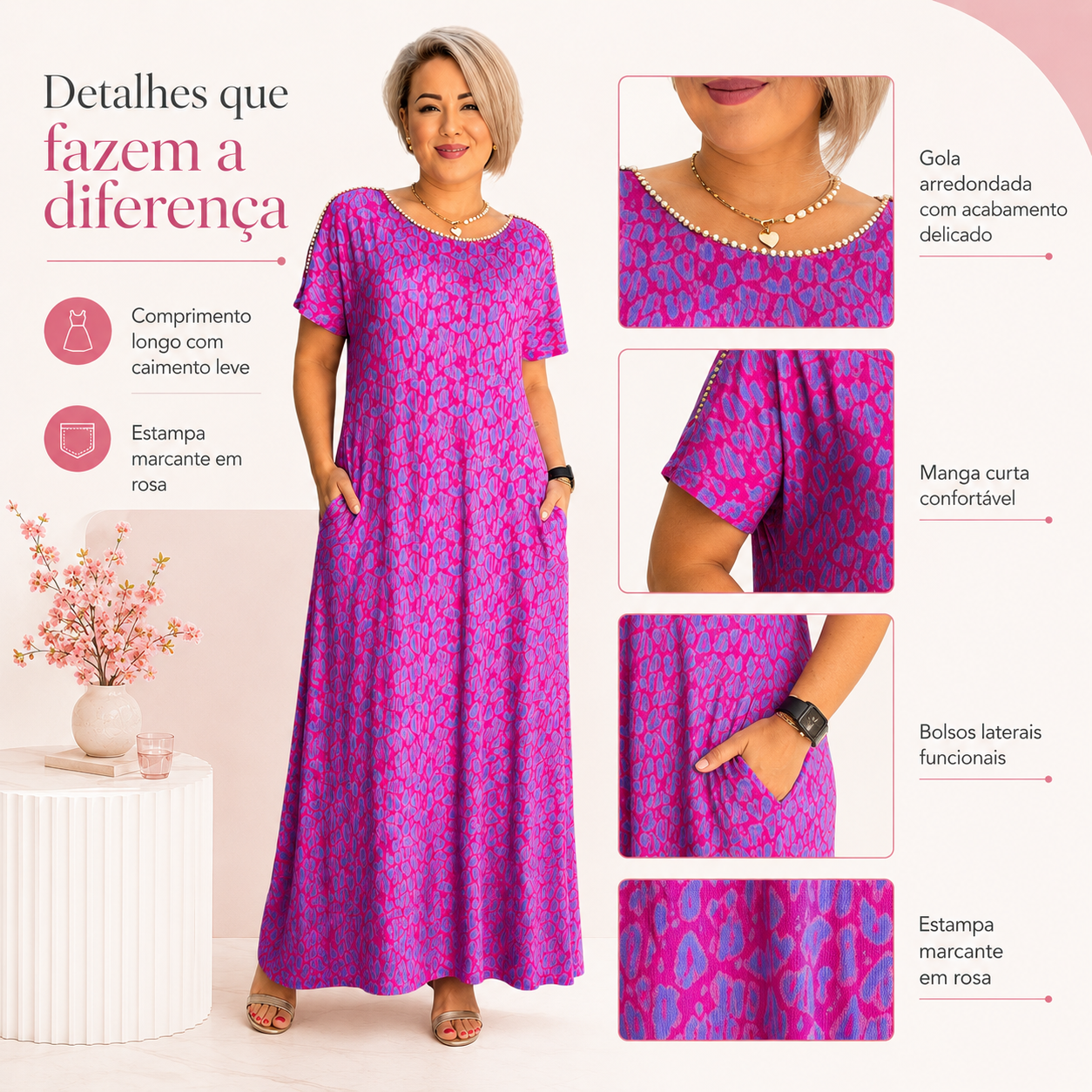 Detalhes do Vestido Mirela rosa com gola, manga curta e bolsos