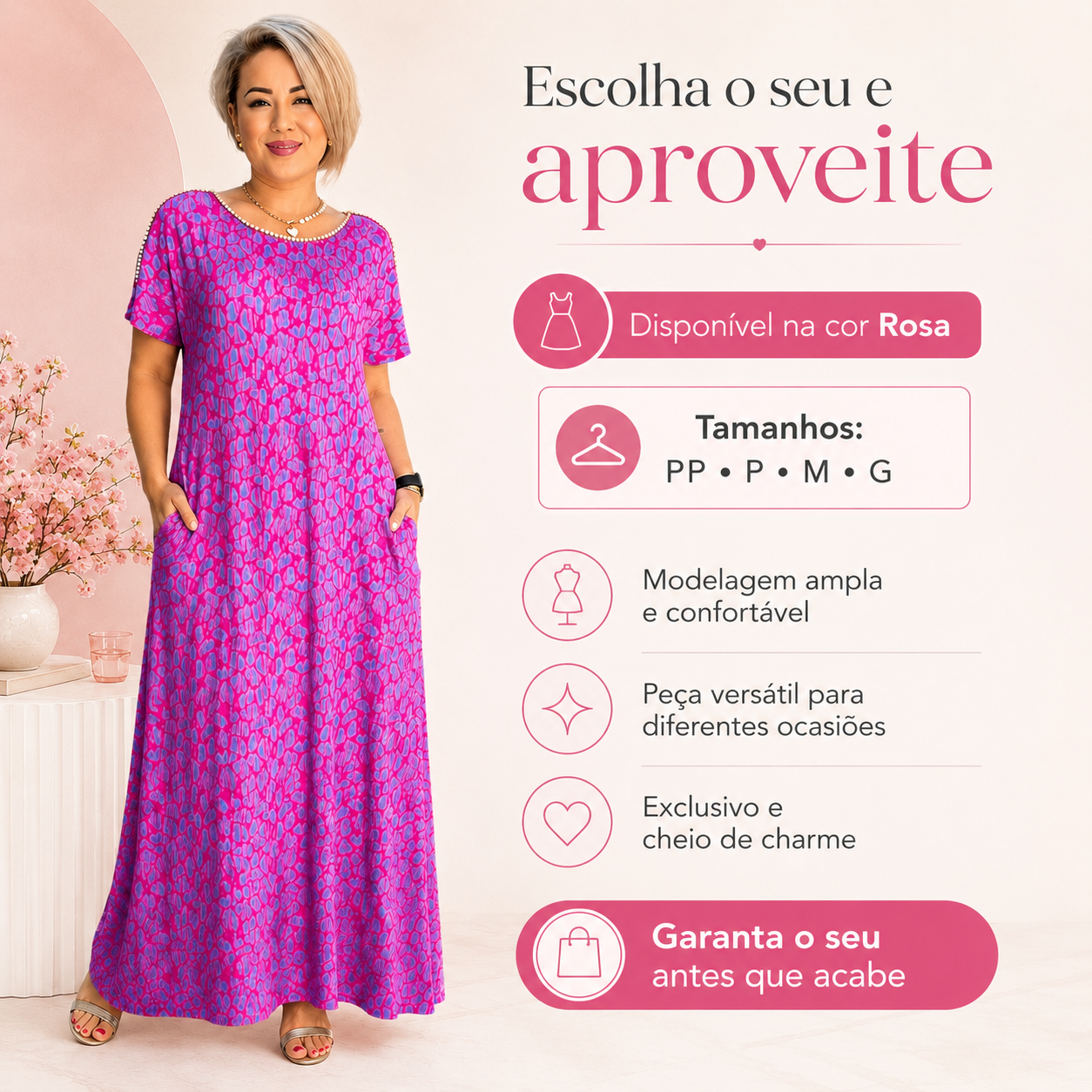 Vestido Mirela rosa disponível nos tamanhos PP, P, M e G