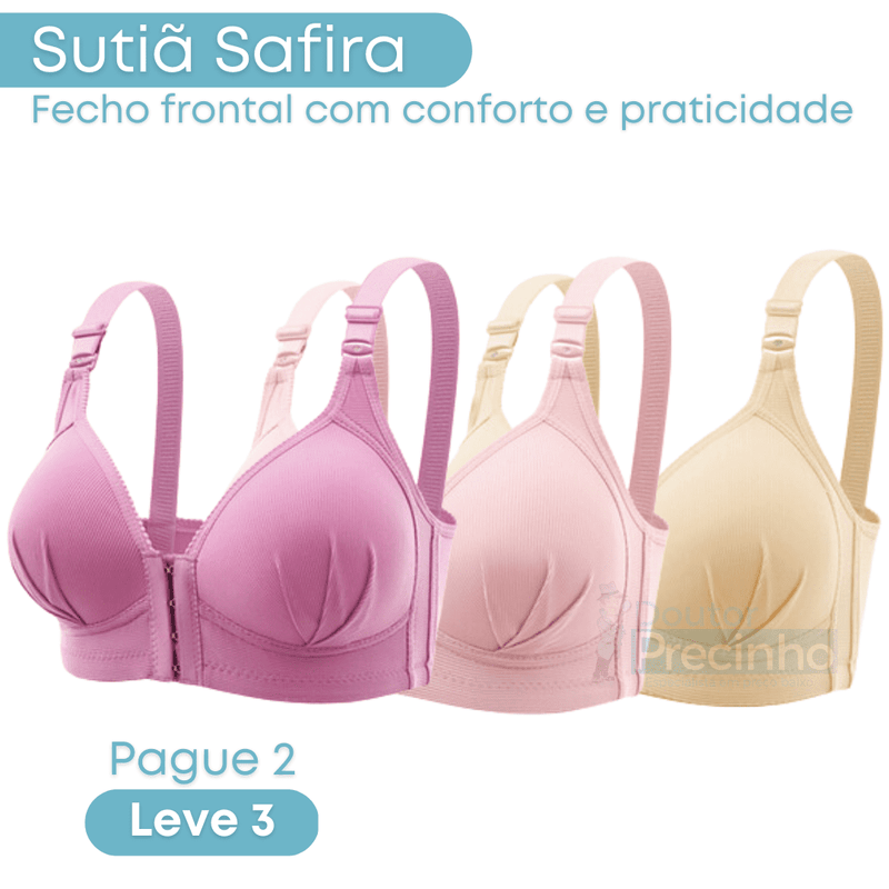 Sutiã Safira - Fecho frontal e alças reguláveis [Kit 3 peças]