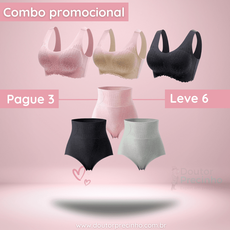 Combo Promocional - Kit com 3 sutiãs + 3 calcinhas cintura alta [Frete Grátis]